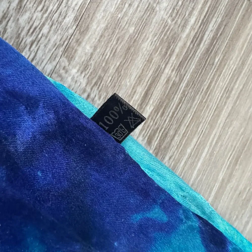 Vintage 100% Silk Blue Aqua Tie Dye Fringe Scarf Boho Resort Wrap